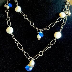 Sterling Silver Cultured Pearl Blue Glass Beaded Chain Statement Necklace Long